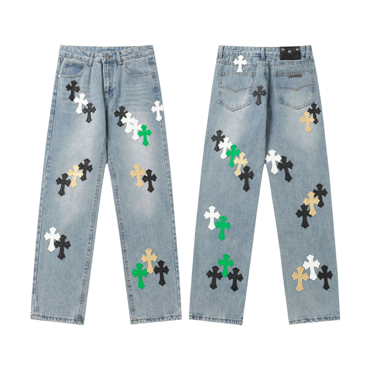 Chrome Hearts color cross leather jeans