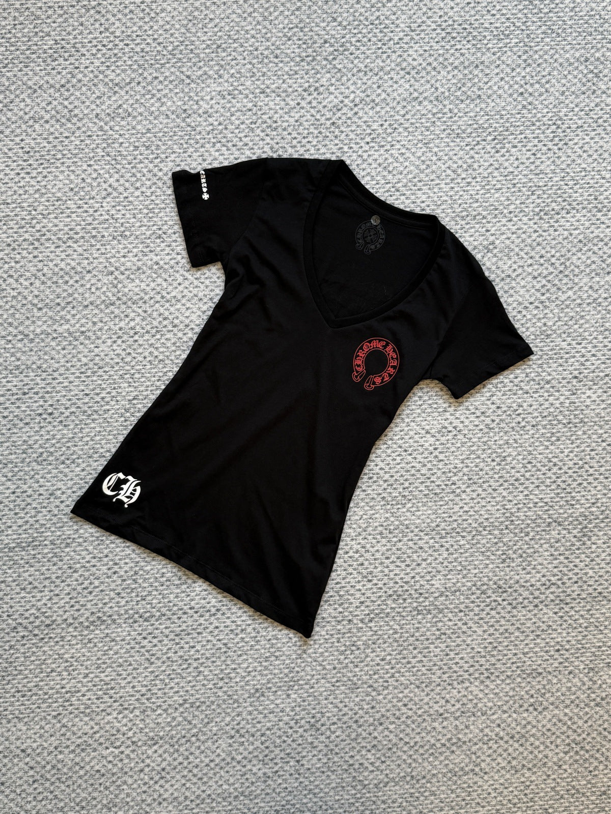 chrome hearts cross red horseshoe V-neck short-sleeved T-shirt