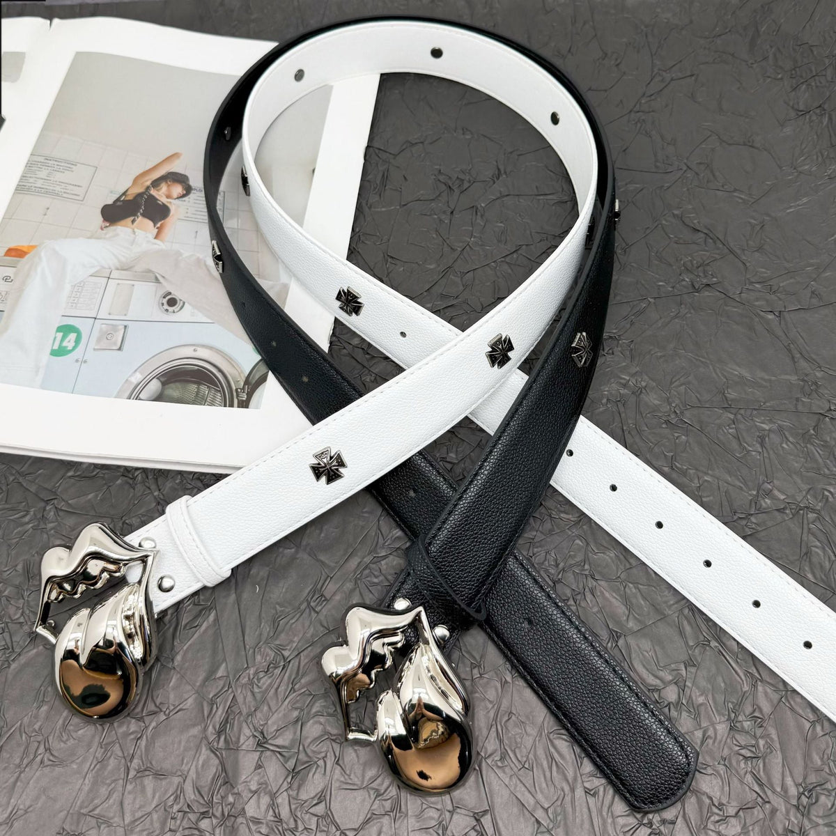 Chrome Hearts Belt with Cross Rivets and Tongue Buckle