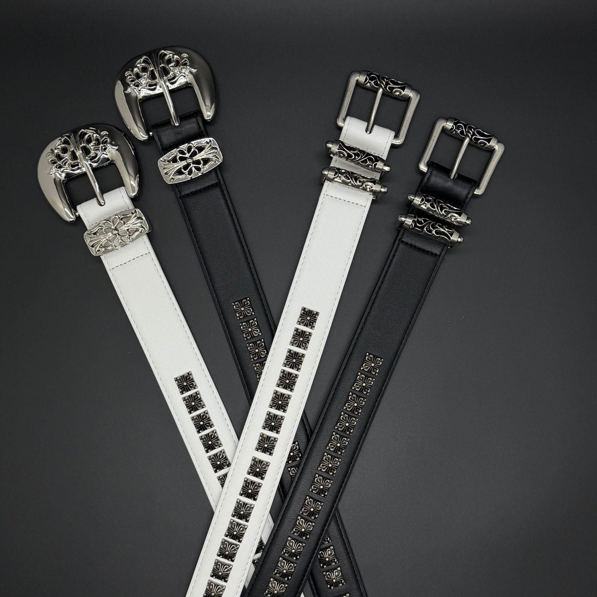 Chrome Hearts cross studded hollowed-out pin buckle leather belt.