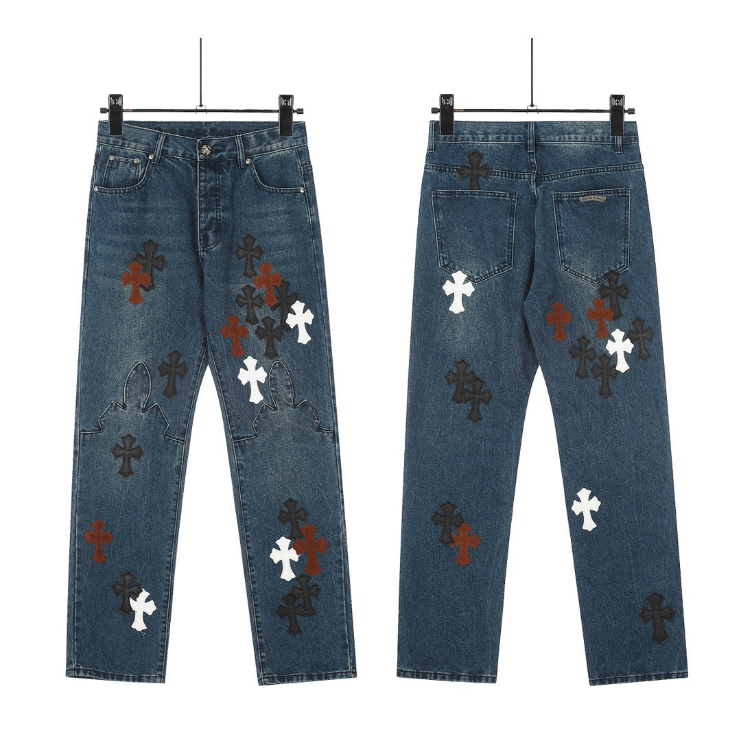 Chrome Hearts Classic Color Cross Leather Jeans