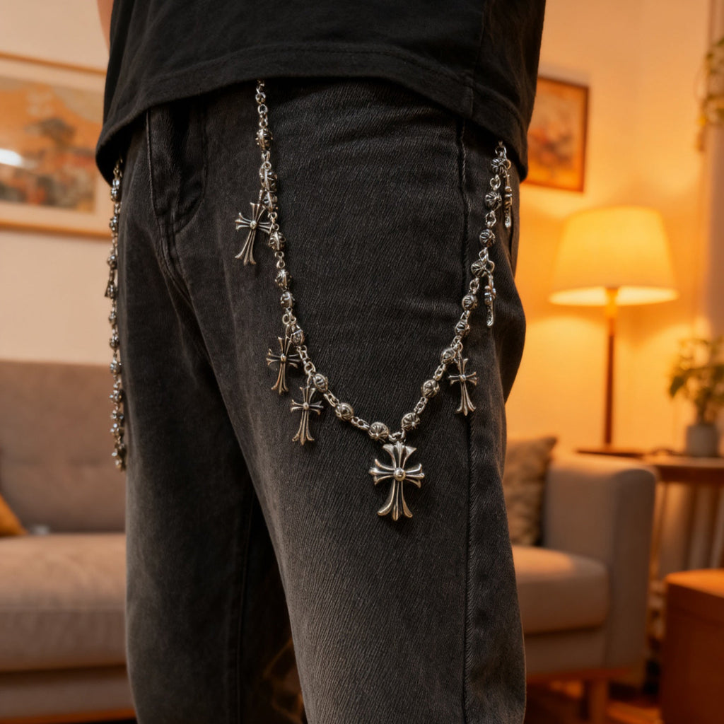 Chrome Hearts double lobster clasp cross pants chain