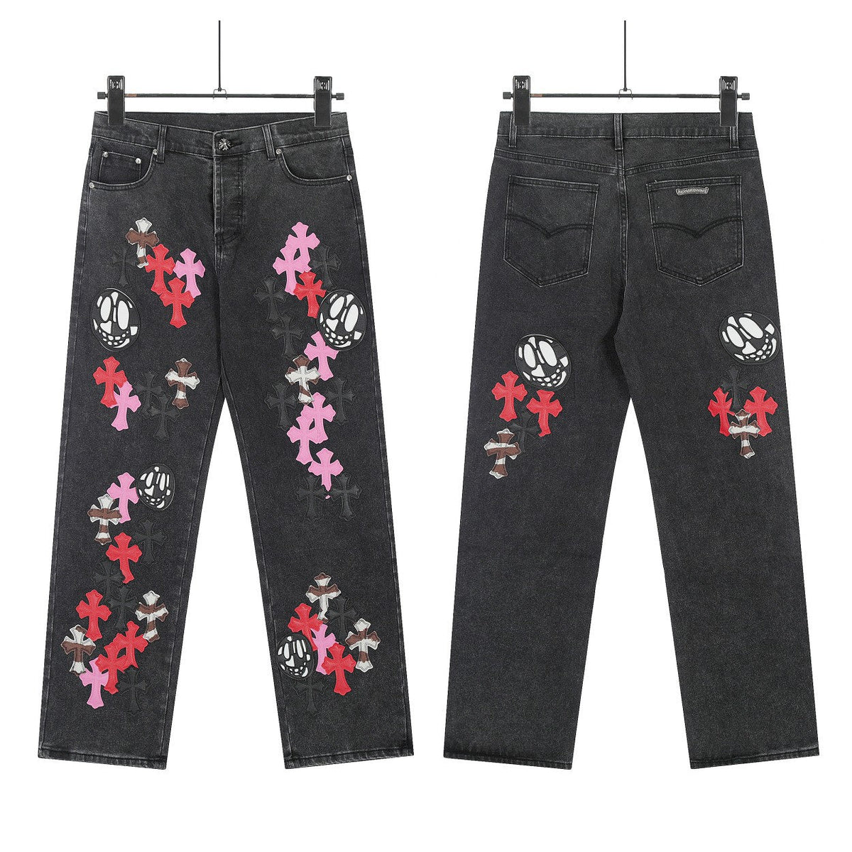 Chrome Hearts color cross leather jeans