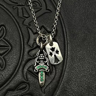 Chrome Hearts Diamond-Inlaid Sword and Dog Tag Double Pendant