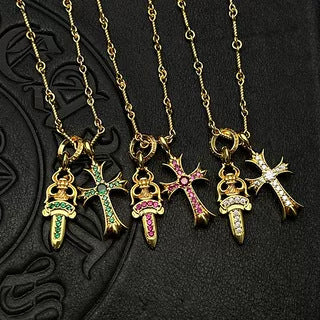 Chrome Hearts gold diamond sword cross double pendant