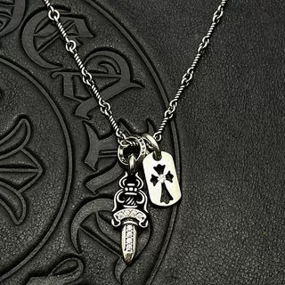 Chrome Hearts Diamond-Inlaid Sword and Dog Tag Double Pendant