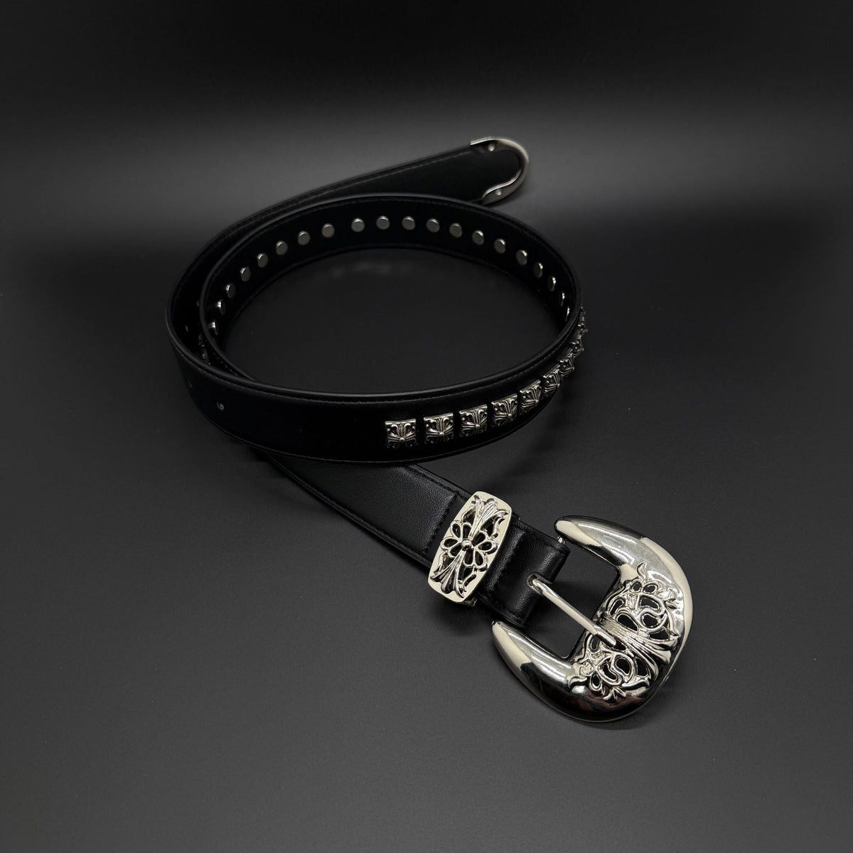 Chrome Hearts cross studded hollowed-out pin buckle leather belt.